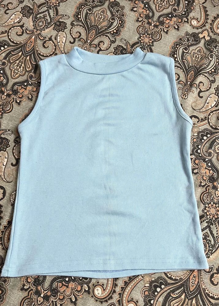 Blue Ribbed Mock Neck Tank