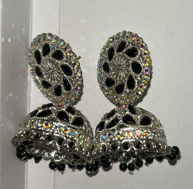 Silver and Black Jhumka Earrings
