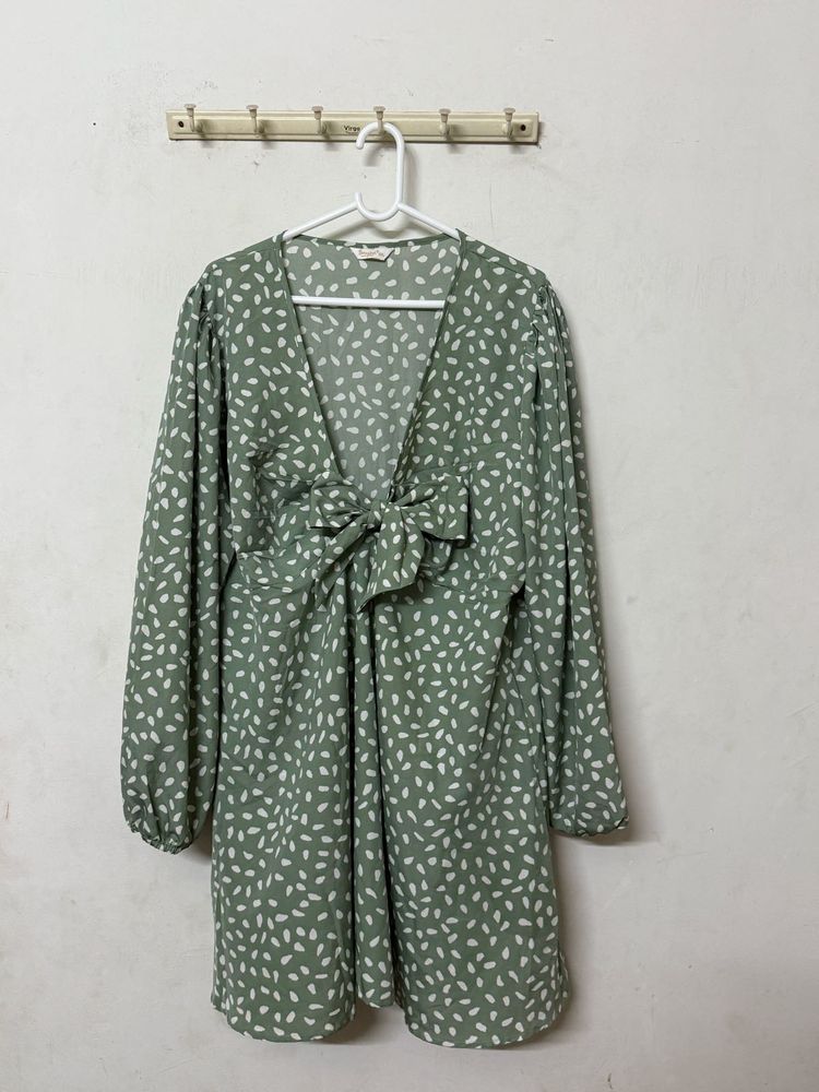 Green Print Tie Front Dress