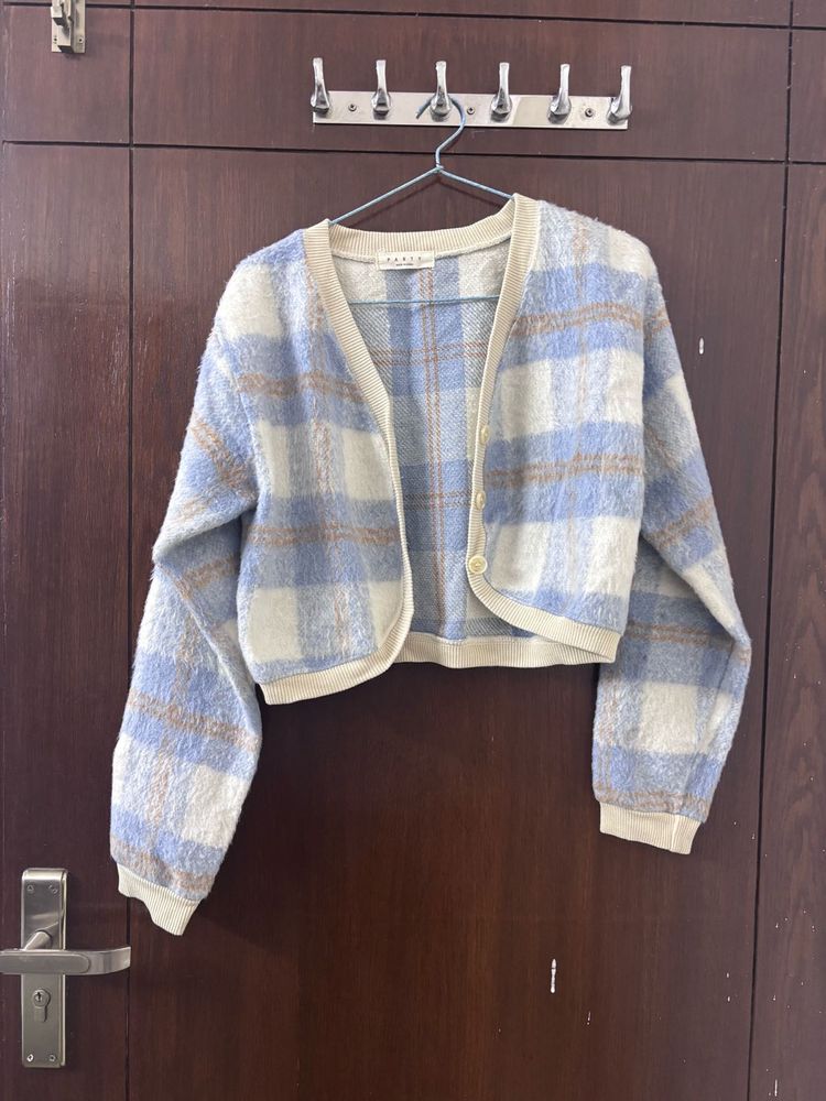 Blue Plaid Cropped Cardigan