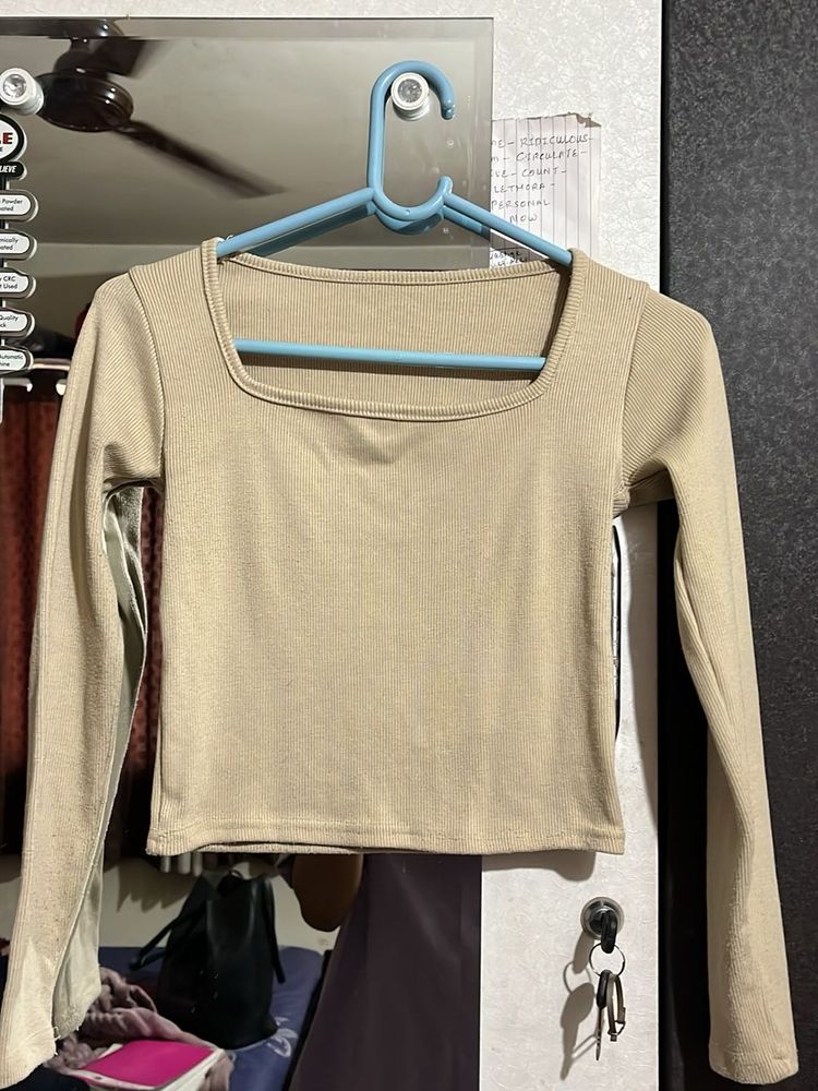 Beige Long Sleeve Crop Top