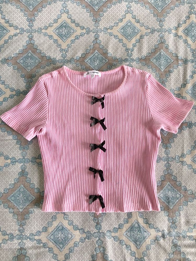 pink with black bow ribbed top 🎀