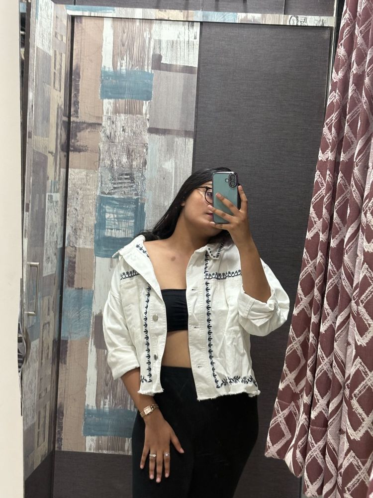 Embroidered White Denim Jacket