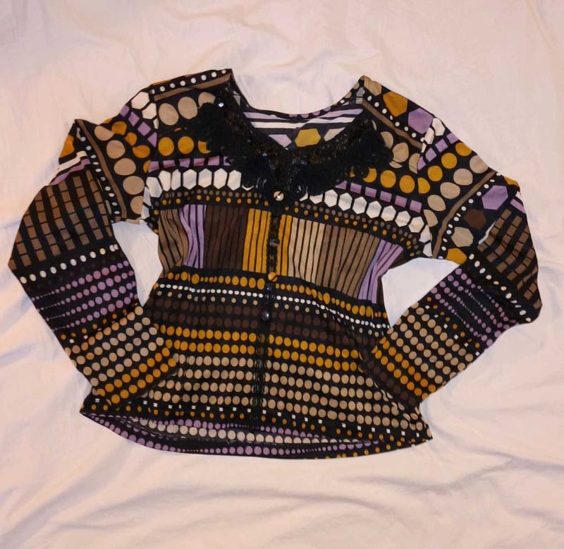 Y2k Vintage 70s sequin embellished print top