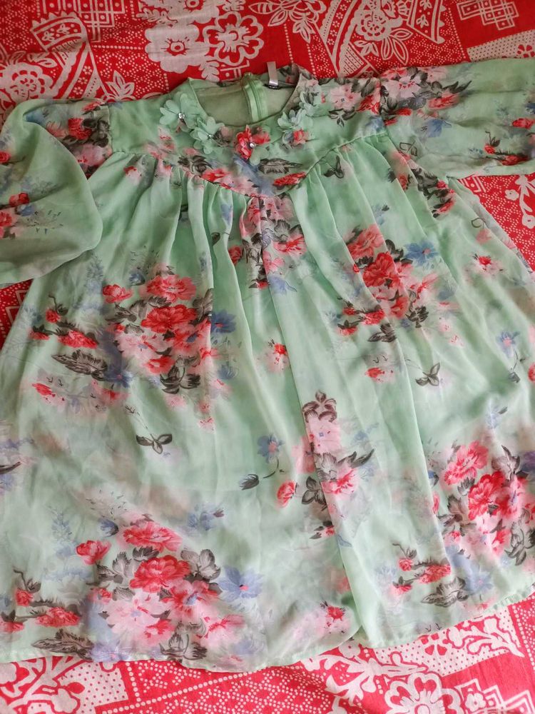 Mint Green Floral Chiffon A-Line Top
