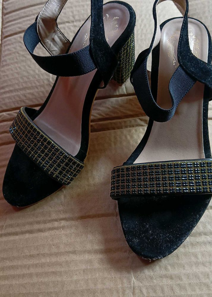 Black Embellished Heel Sandals