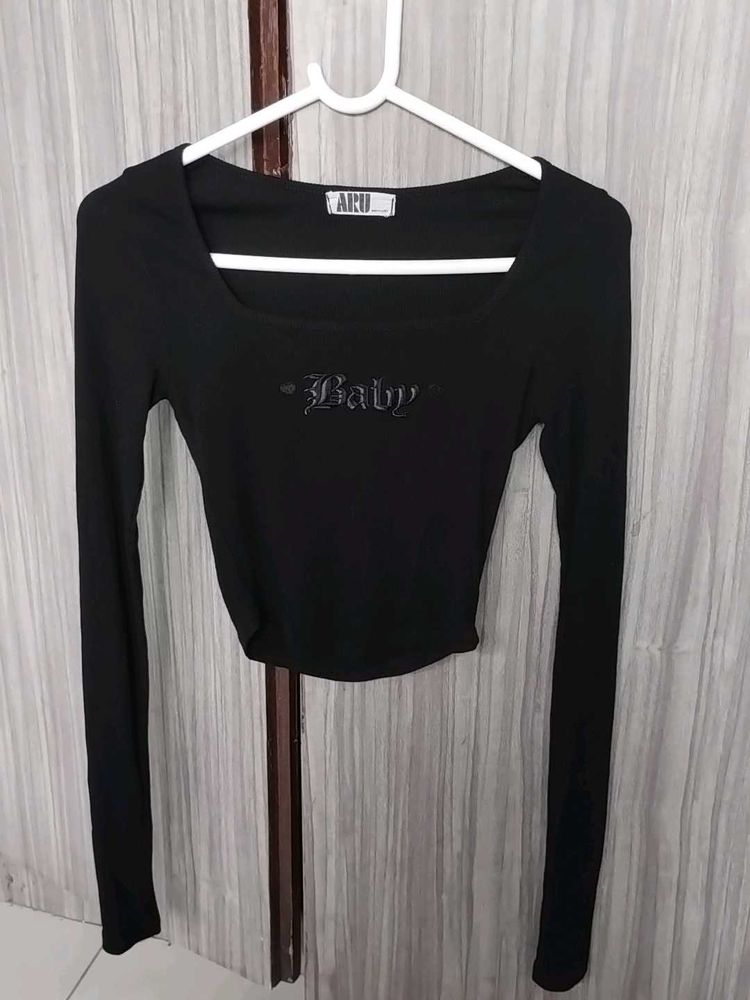 Black Full Sleeve Crop Top – “Baby” Text