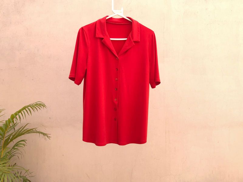 Red Button-Down Short Sleeve Top