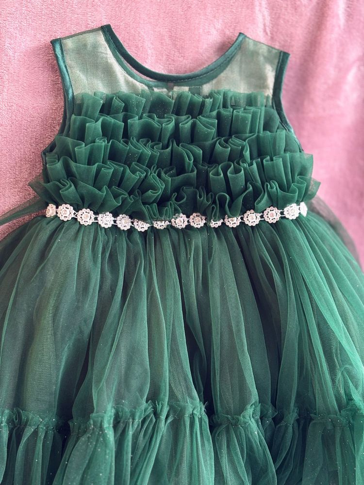 Bottle Green Glittery Net Birthday Frock