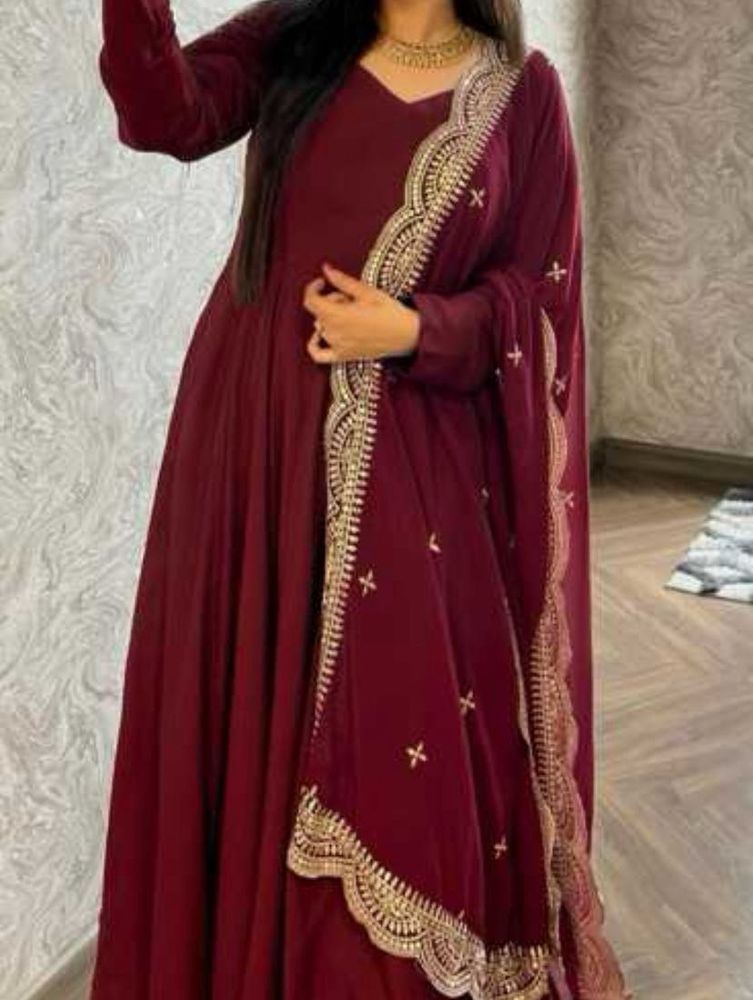 Burgundy Anarkali Suit with Dupatta