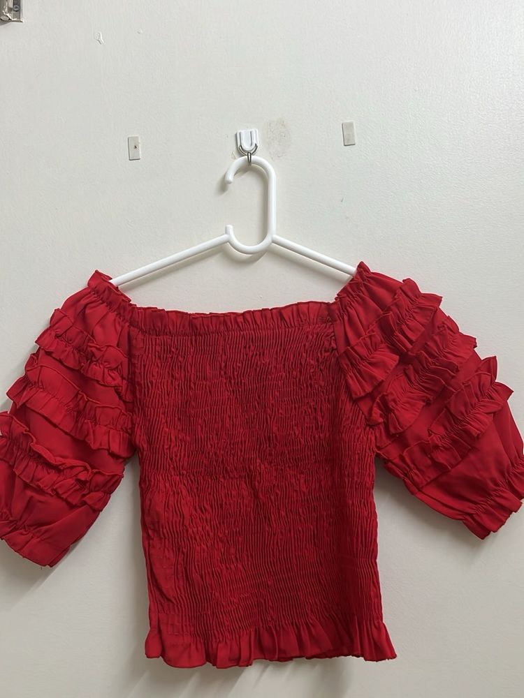 Red Ruffle Bardot Top