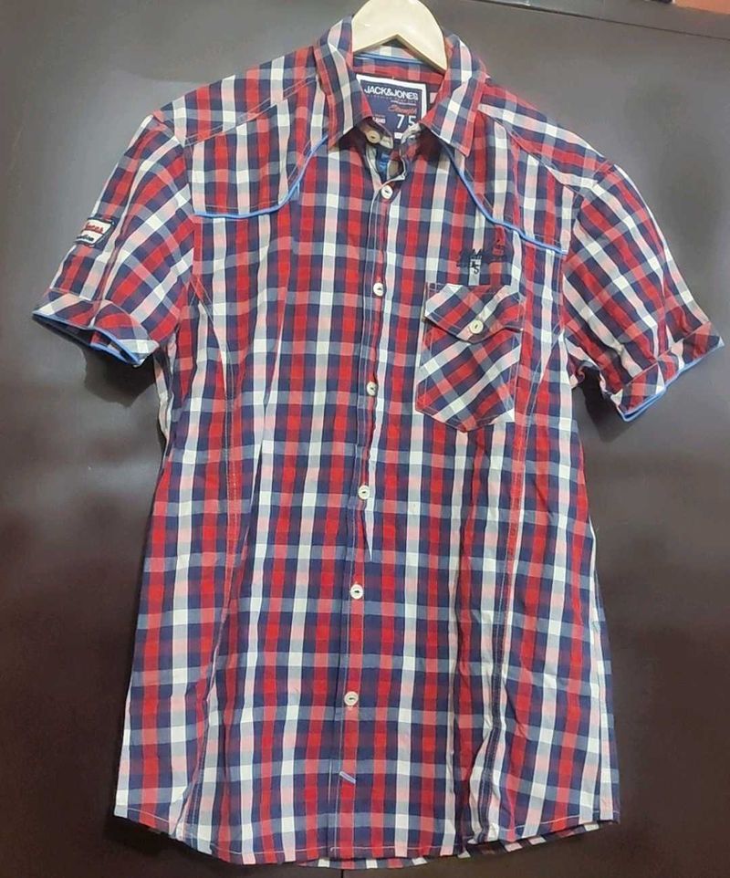 Red🔴 &amp; Navy Blue Check Printed Shirt For 38 Chest