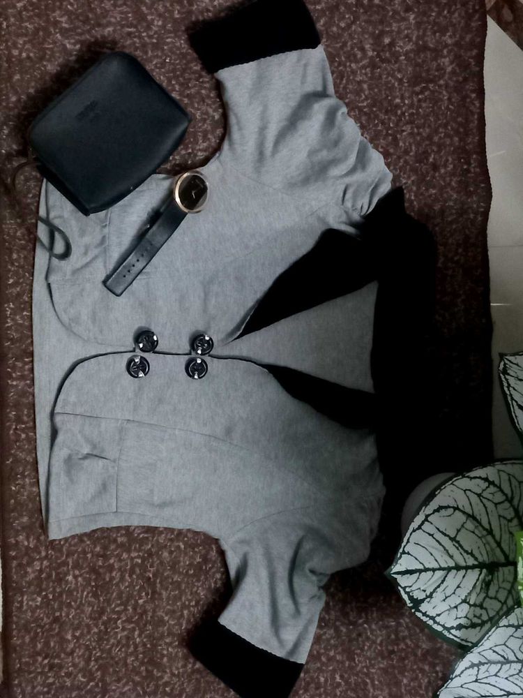 Grey &amp; Black Button-Up Cardigan