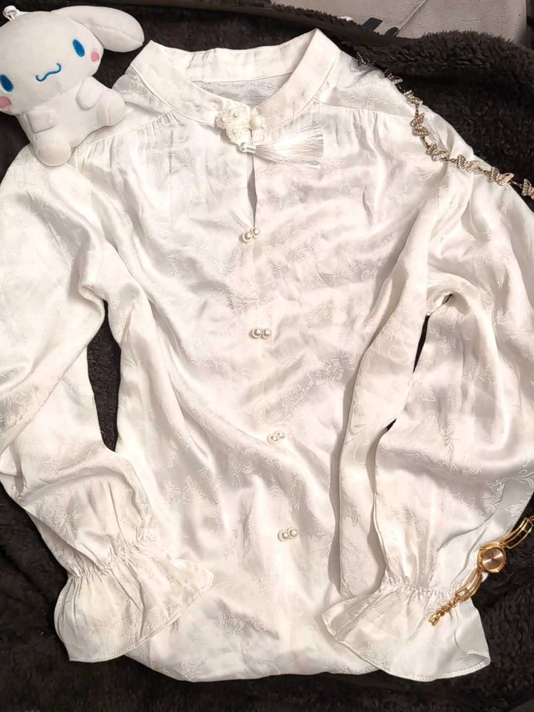 Mandarin Collar White Blouse