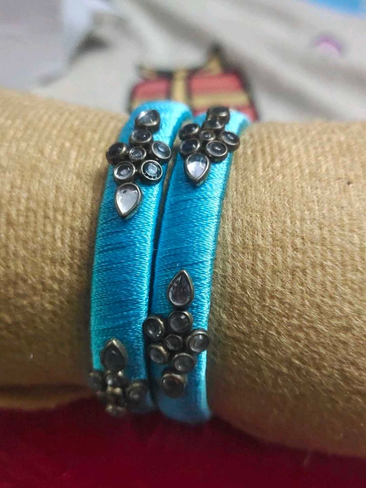 Blue Silk Thread Bangles with Stones