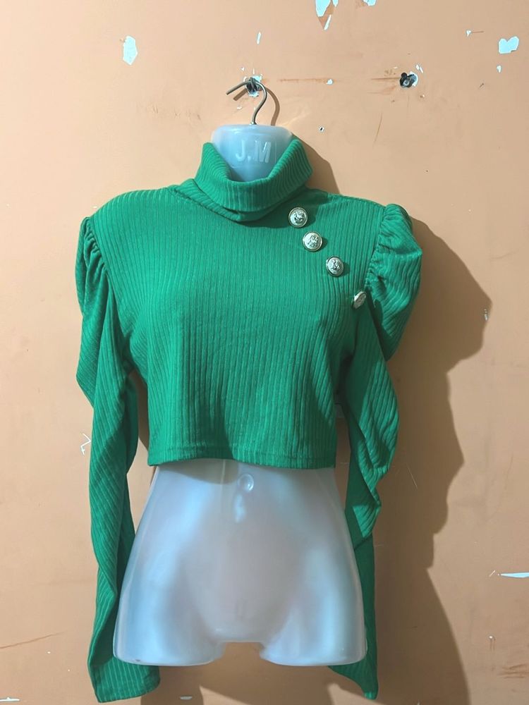Green Ribbed Turtleneck Top