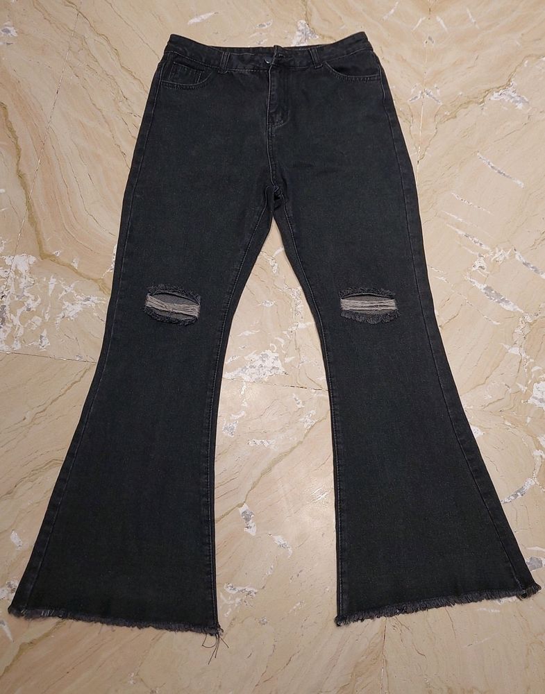 URBANIC HEAVY DISTRESSED BOOTCUT BLACK JEANS