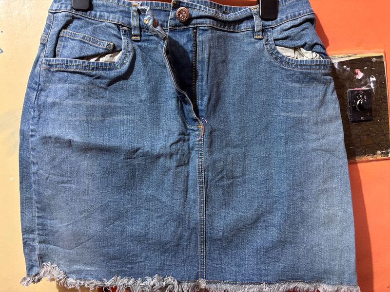 Denim Mini Skirt with Frayed Hem