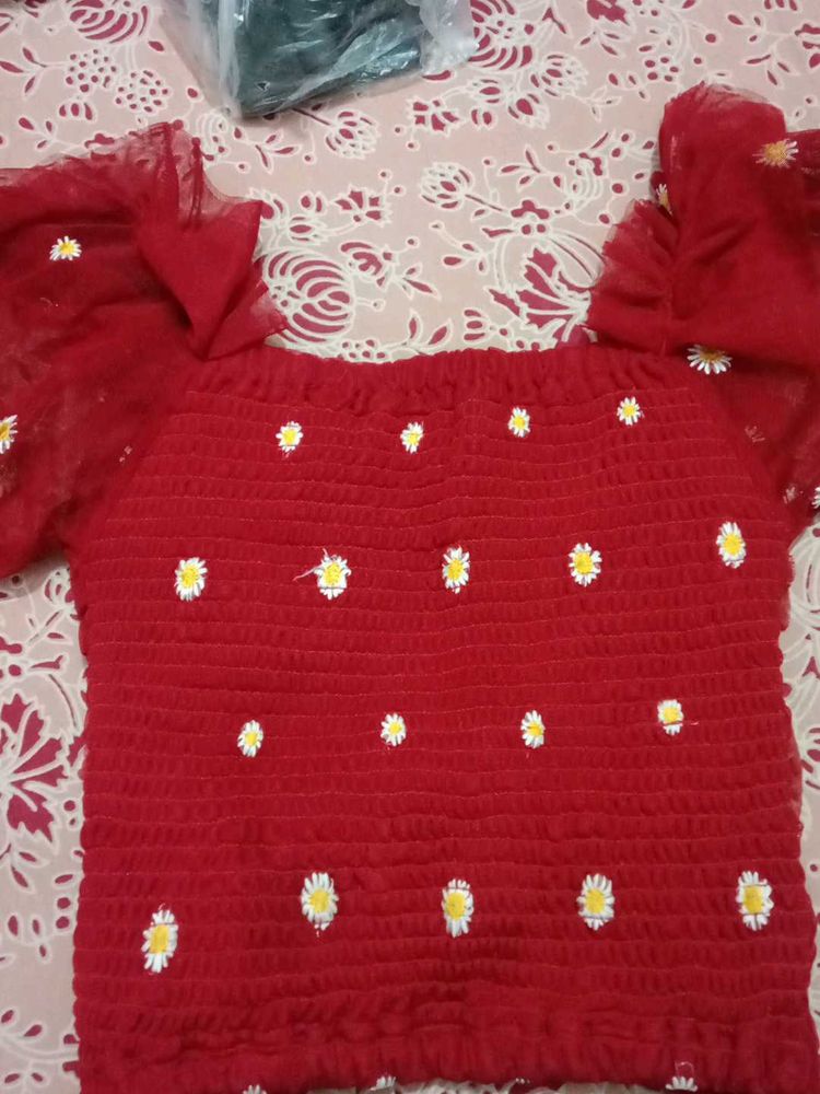 Red Floral Off-Shoulder Crop Top