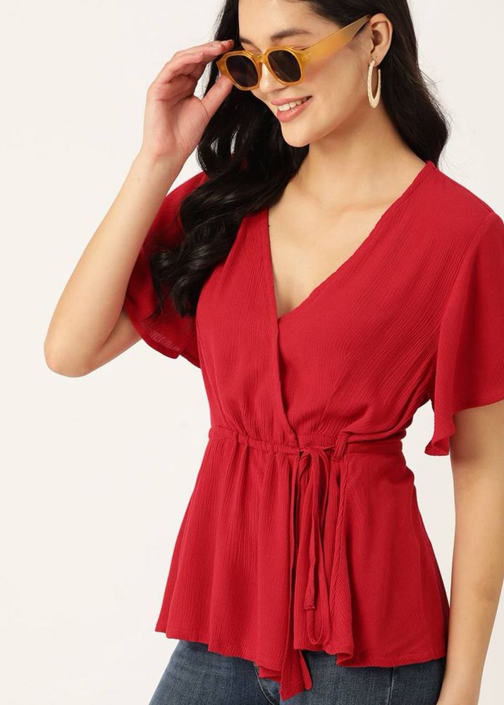 Red V-Neck Flutter Sleeve Top