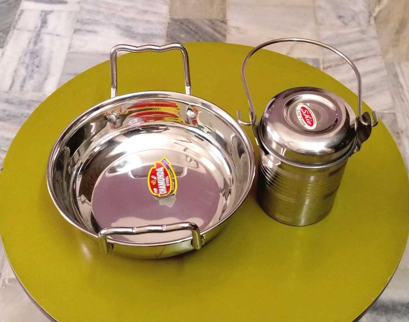 Combo of steel kadhai and milk container.