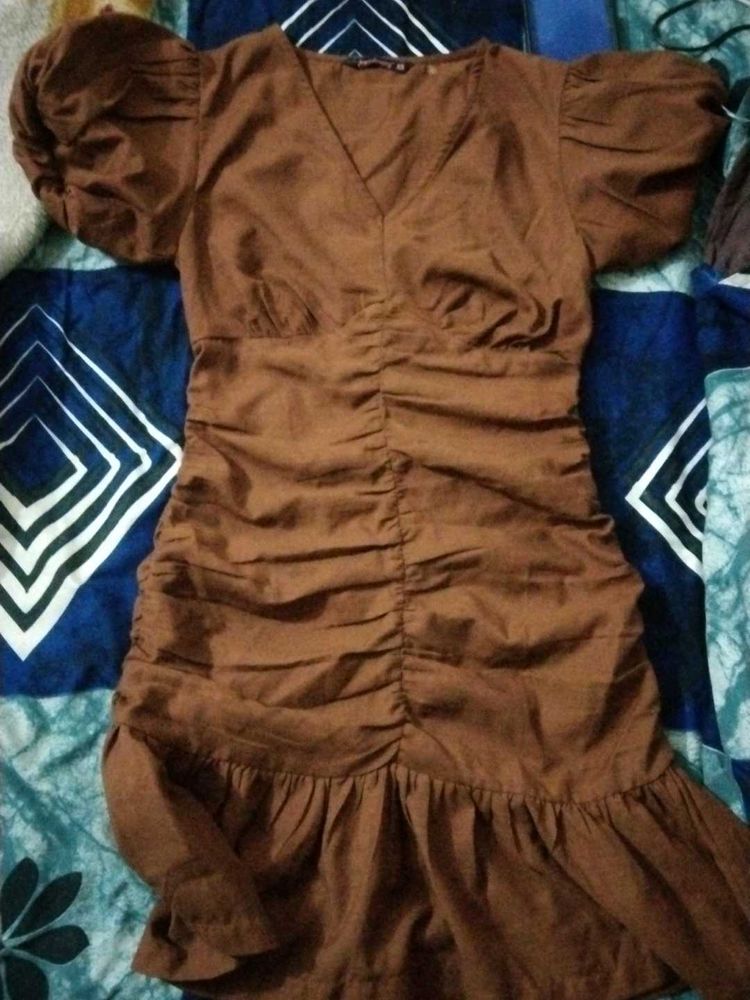 Brown Puff Sleeve Mini Dress