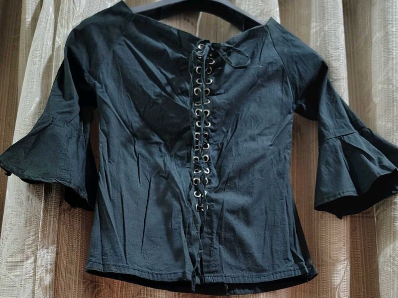 Black Lace-Up Back Blouse