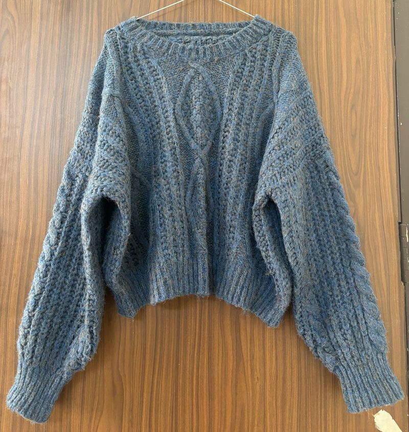 Blue Knit Sweater with yellow threads