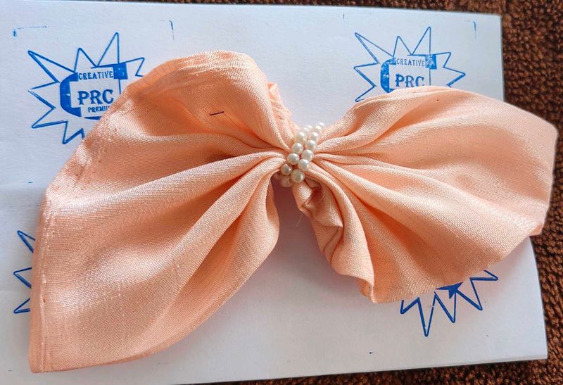 Peach Hair Bow Clip with Pearls