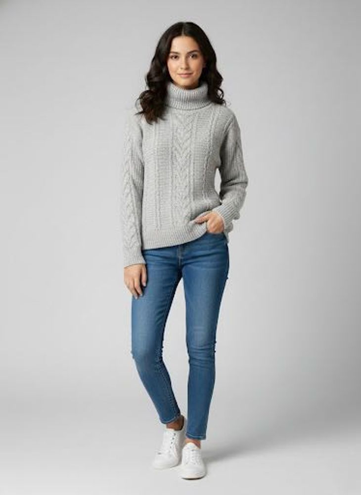 Gray Turtleneck Cable Knit Sweater