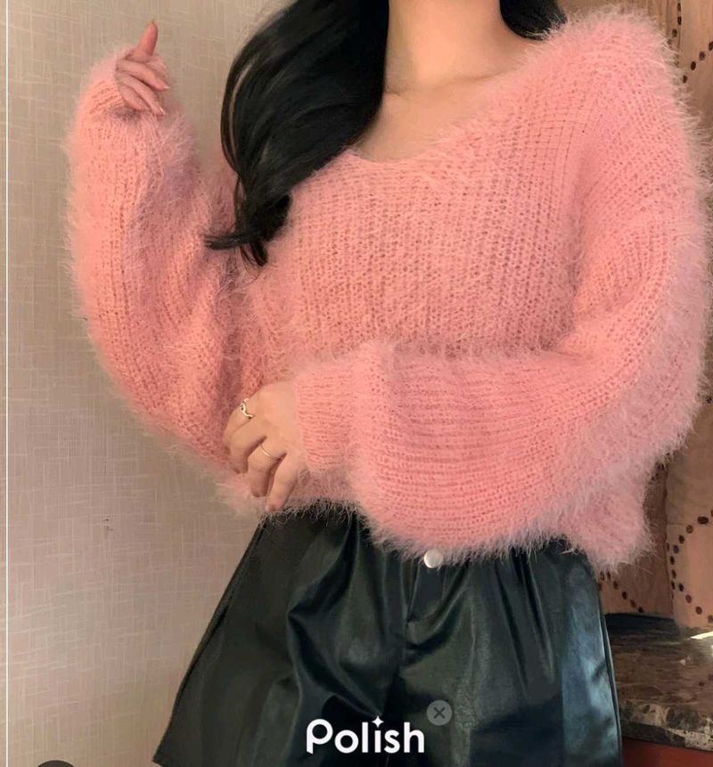 New With Tag Korean Fluffy Pink Knit Sweater