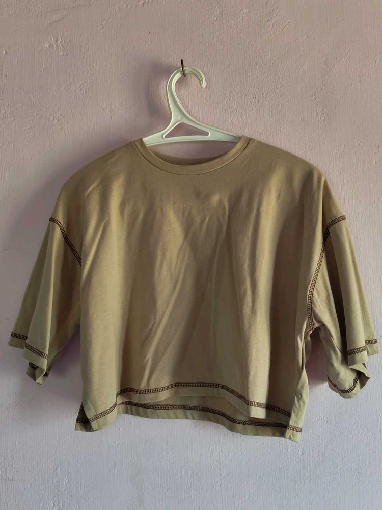 Cropped Beige Tee with Raw Hem