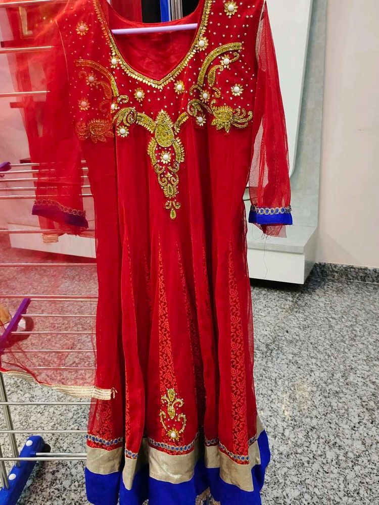 Red Embroidered Anarkali Suit