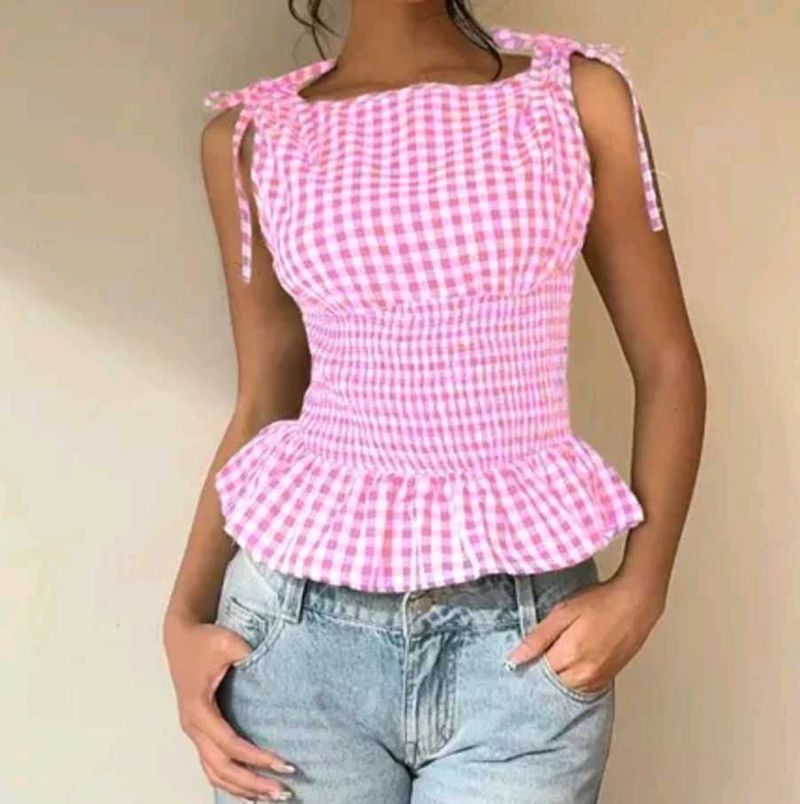 Pink Gingham Tie-Shoulder Top