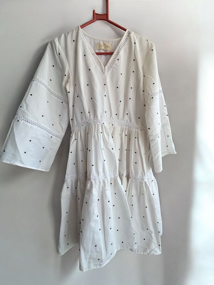 Polka Dot Printed Flared Sleeve Fit &amp; FlareDress