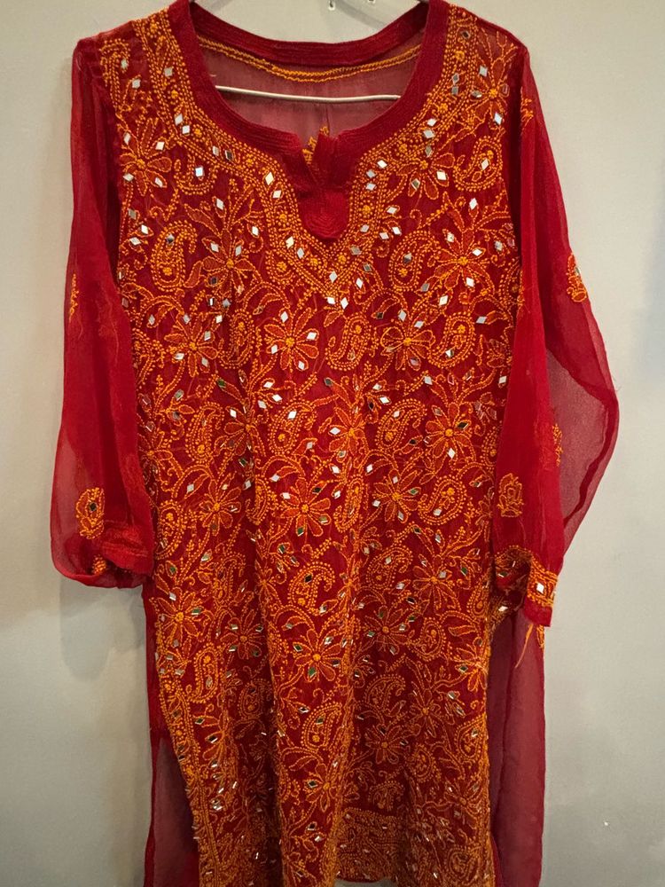 Pure Chikankari Red Kurta