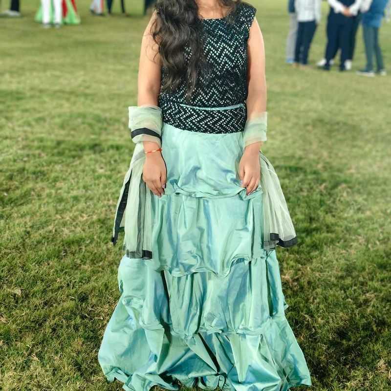 Elegant green multi Layered  indo western set