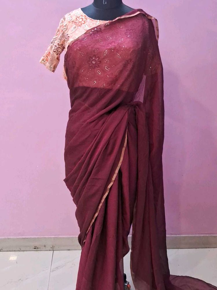 Elegant Maroon Saree with Blouse For Girls