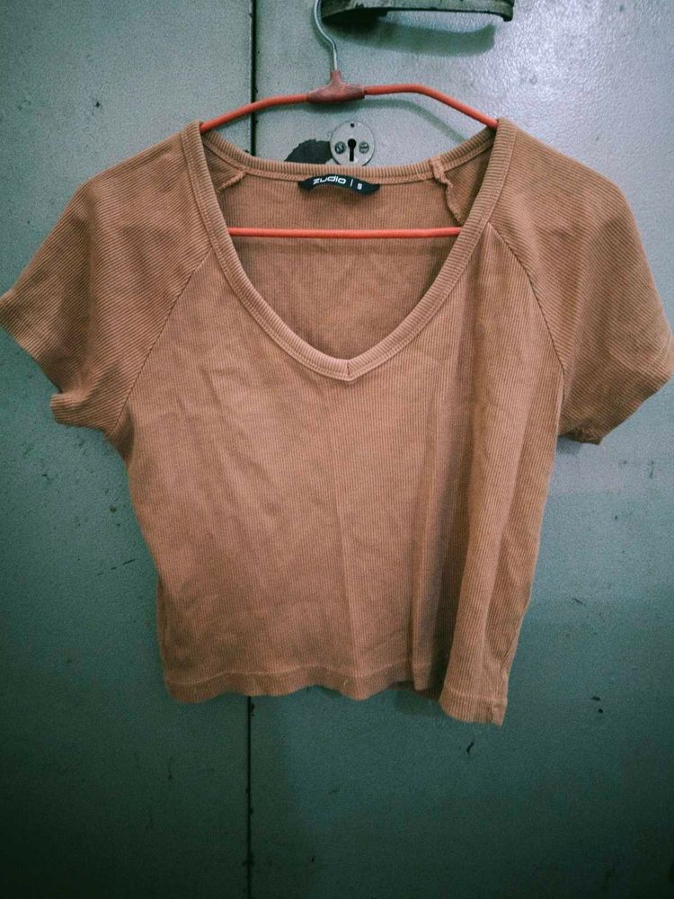 Brown V-Neck Crop Top