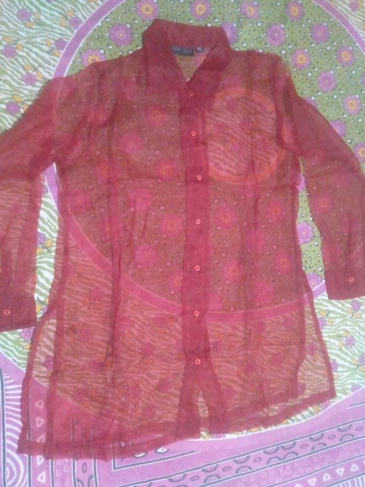 Red Sheer Button-Up Shirt