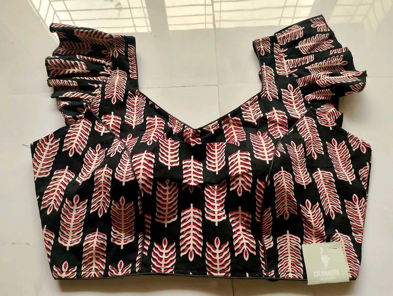Leaf Print Blouse With Ruffled Sleeves
