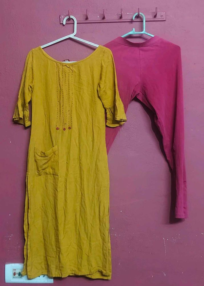 Mustard Kurti &amp; Pink Leggings Set