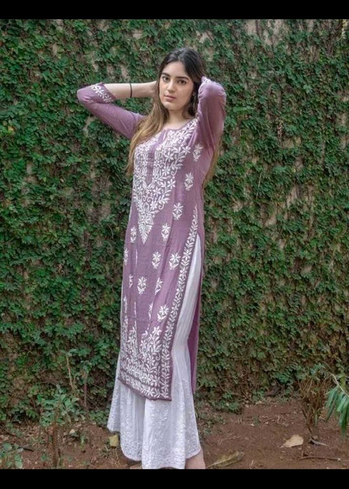 Chikankari lavender Rayon straight kurti