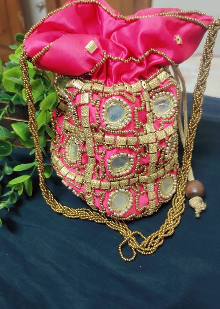 Pink &amp; Gold Beaded Potli Bag