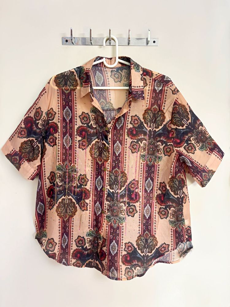 Sheer Printed Shirt with Rhinestones
