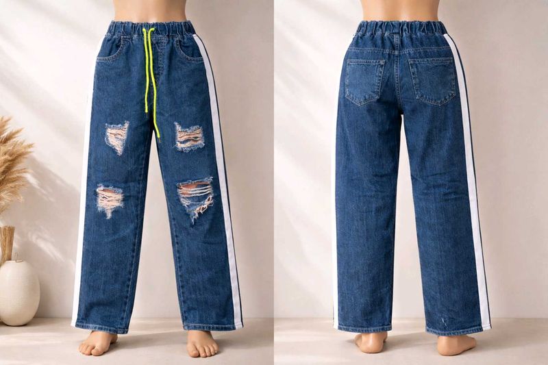 Ripped Wide Leg Jeans with Stripes