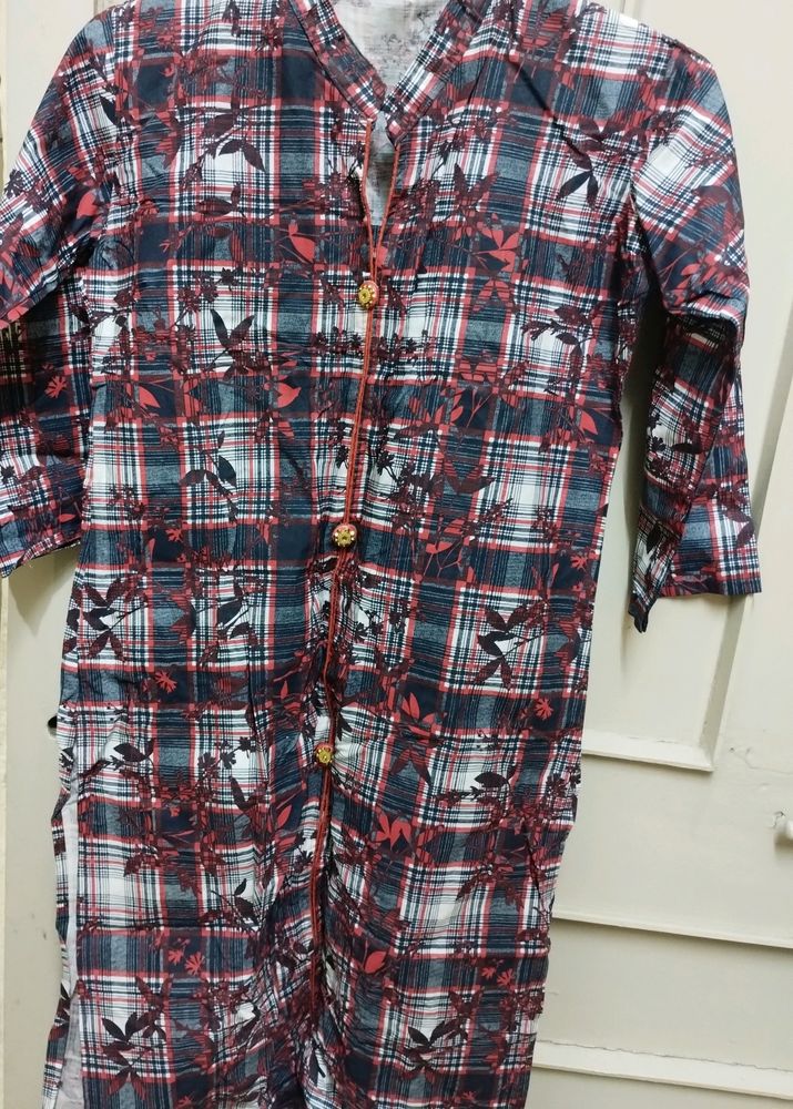 New Cotton Red Black Kurti With Golden Buttons