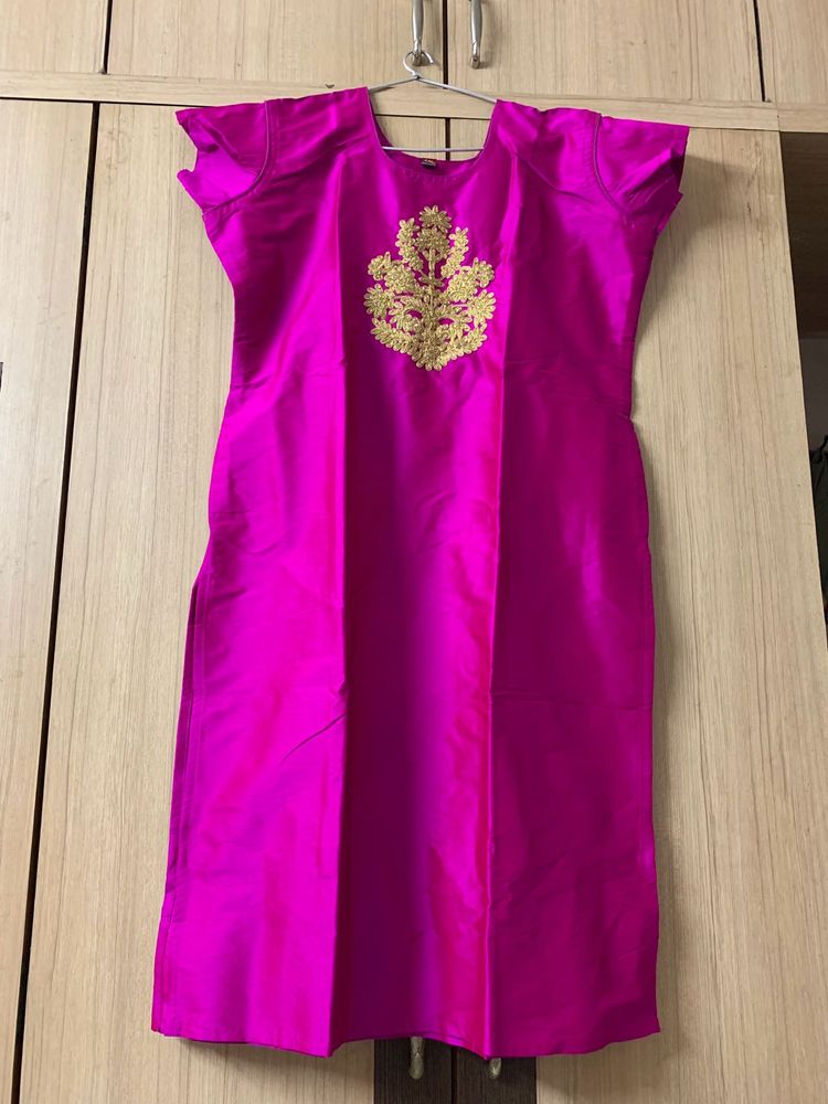 Pink Silk Kurti with Gold Embroidery