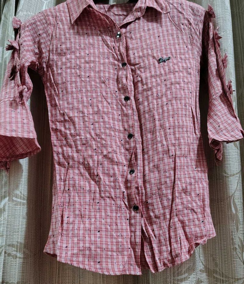 Pink Plaid Button-Up Blouse with Sleeve Detail
