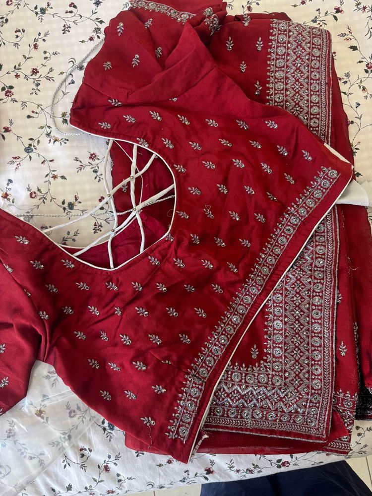 Elegant Red Embroidered Saree &amp; Blouse